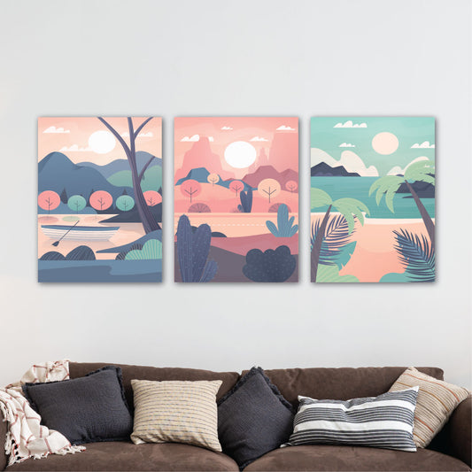 Colourful Beach Theme Canvas Printed Painting Set Of 3