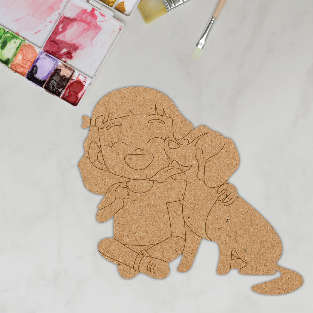 DIY Pre-marked Cute Girl With Dog Design On MDF 3mm Thick For Painting, Art & Craft