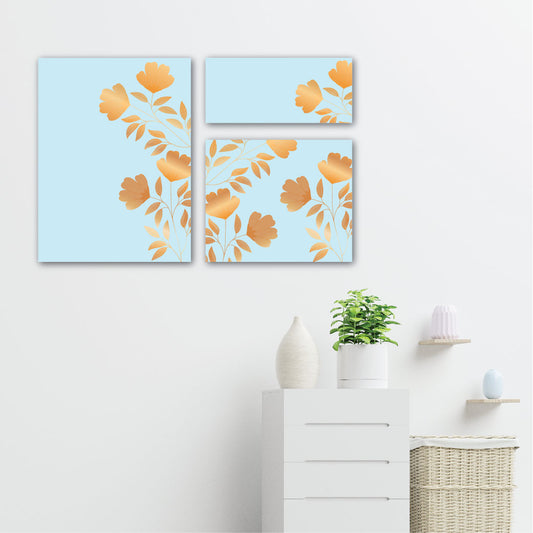 Golden Flower Rectangular Art For Wall Decor Set Of 3