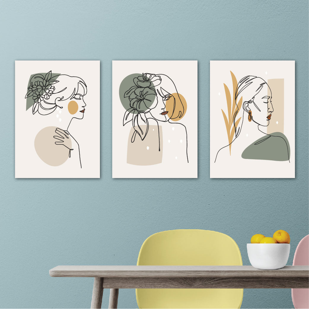 Abstract Women's Faces Wall Hanging Illustrations Set Of 3