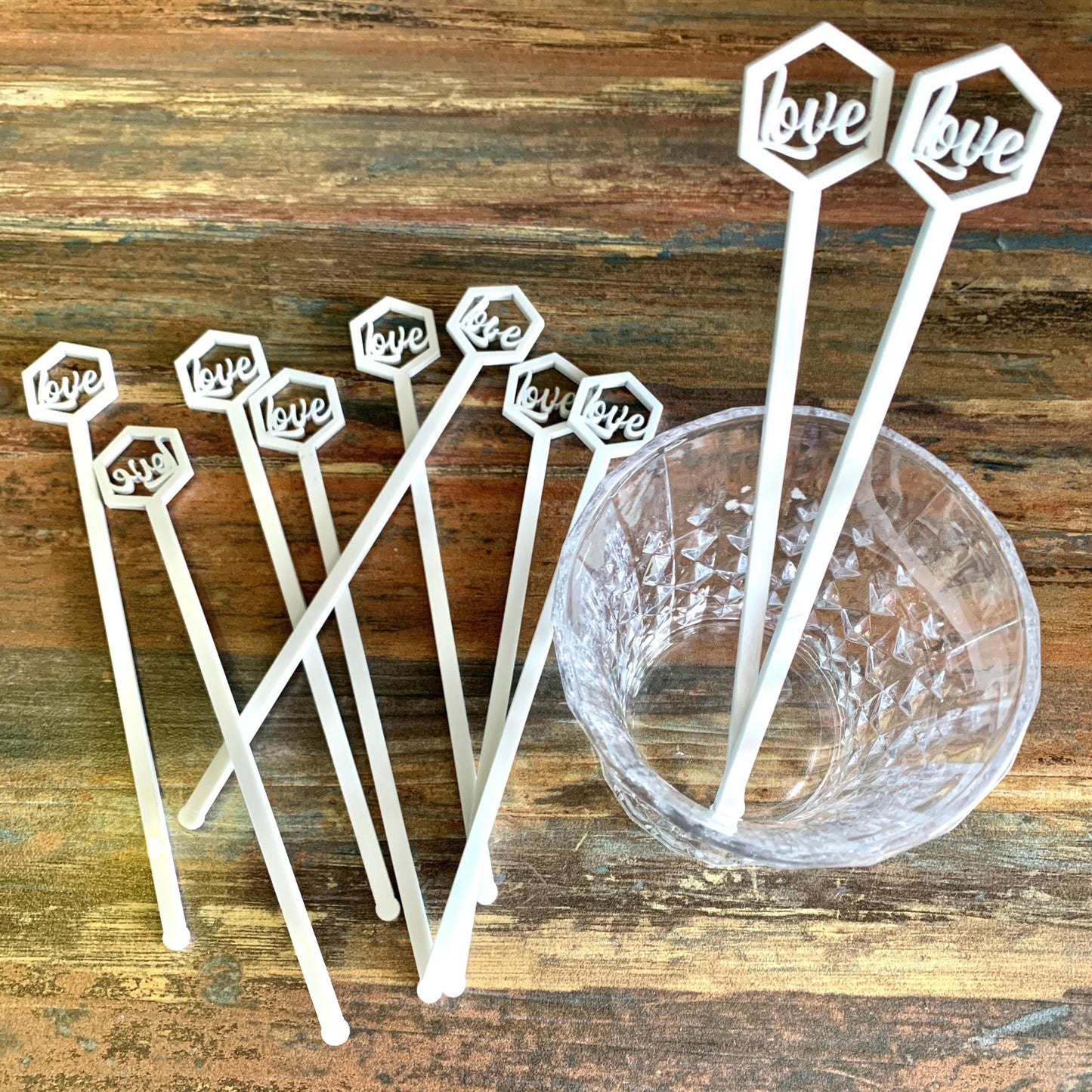 Hexagon Shape Love Stirrers White Set of 10