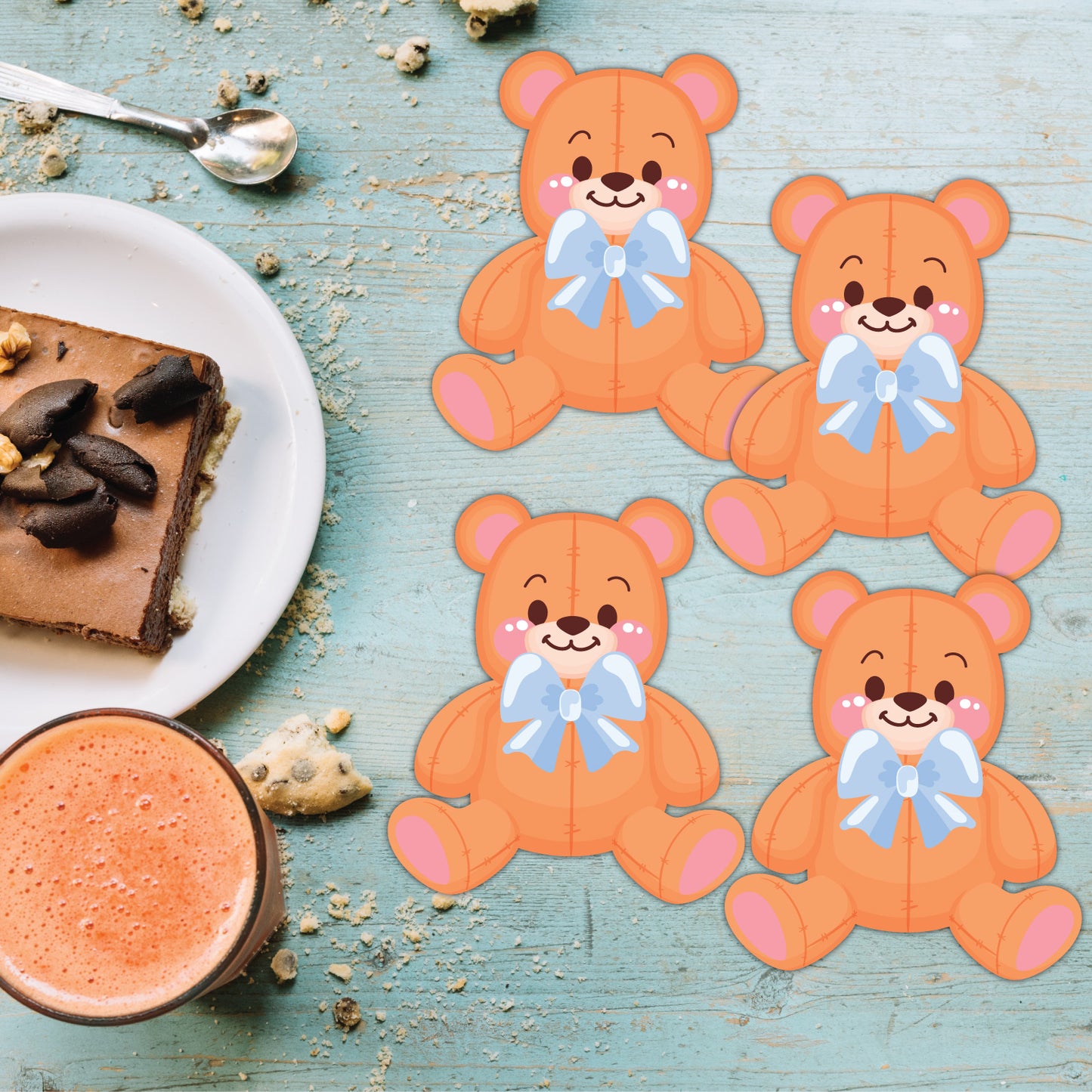 Teddy Theme Coasters For Kids Made Of MDF Set Of 4 For Milk Mugs, Juice Glasses & Bowls