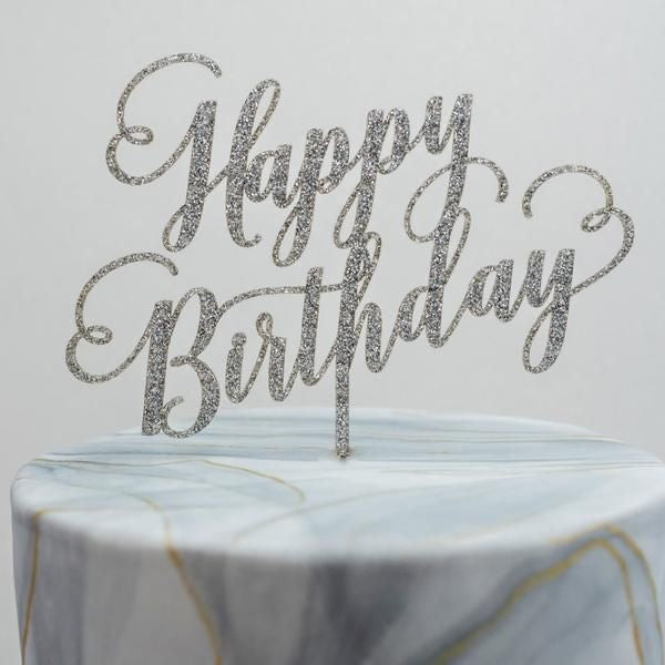 glitter silver happy birthday cake topper