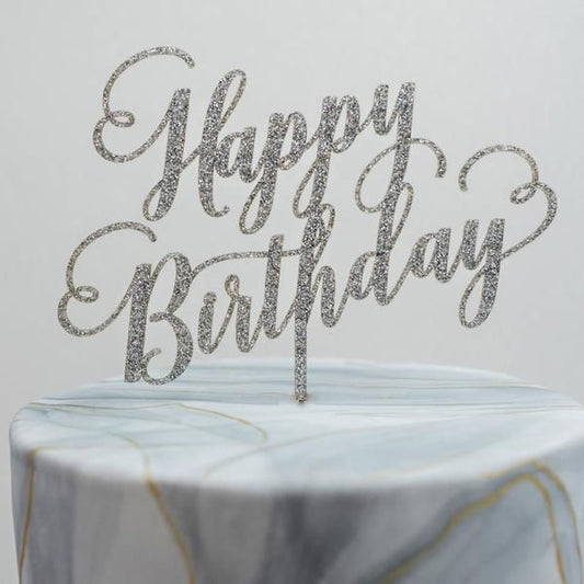 Happy Birthday Cake Topper Glitter Silver