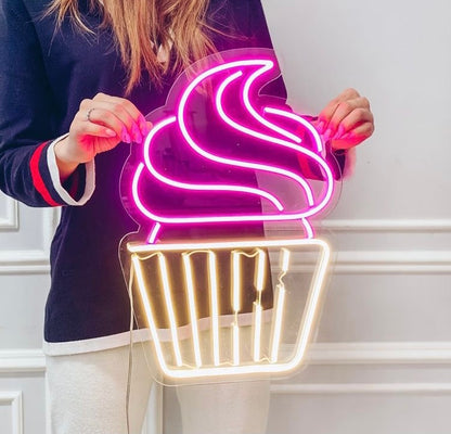 Cup Cake Neon Sign Yellow & Pink Colour With Adapter