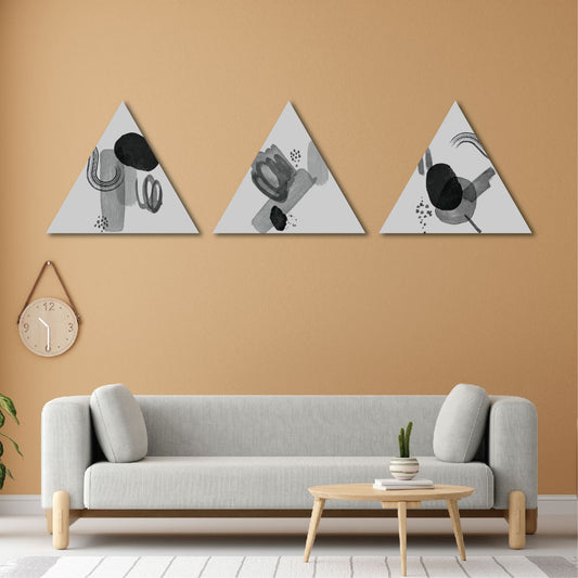 दीवार पर लटकाने के लिए एमडीएफ से बने काले और भूरे आधुनिक कला त्रिकोण आकार के कला टुकड़े