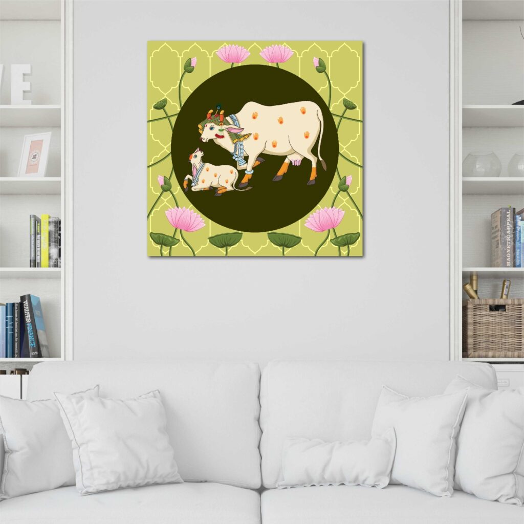 Pichwai Cow and Calf Rectangular Shape Wall Art